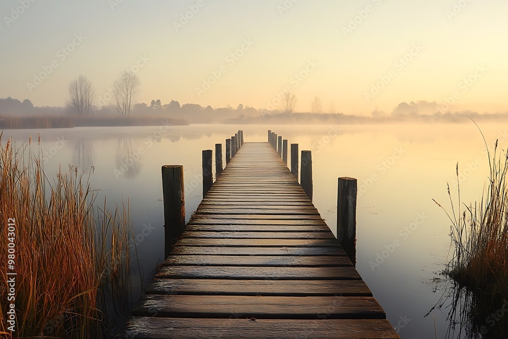 Misty morning on a lake with wooden pier leading into the distance. Scenic landscape photography. Misty morning on a lake with wooden pier leading into the distance. Scenic landscape photography.