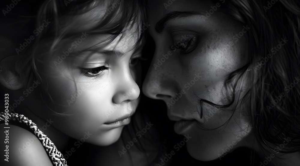 Obraz premium Mother hugging her child, motherhood, family, childcare concept background. Happy mother's day celebration conceptual picture with mother and her child. Black and white portrait.