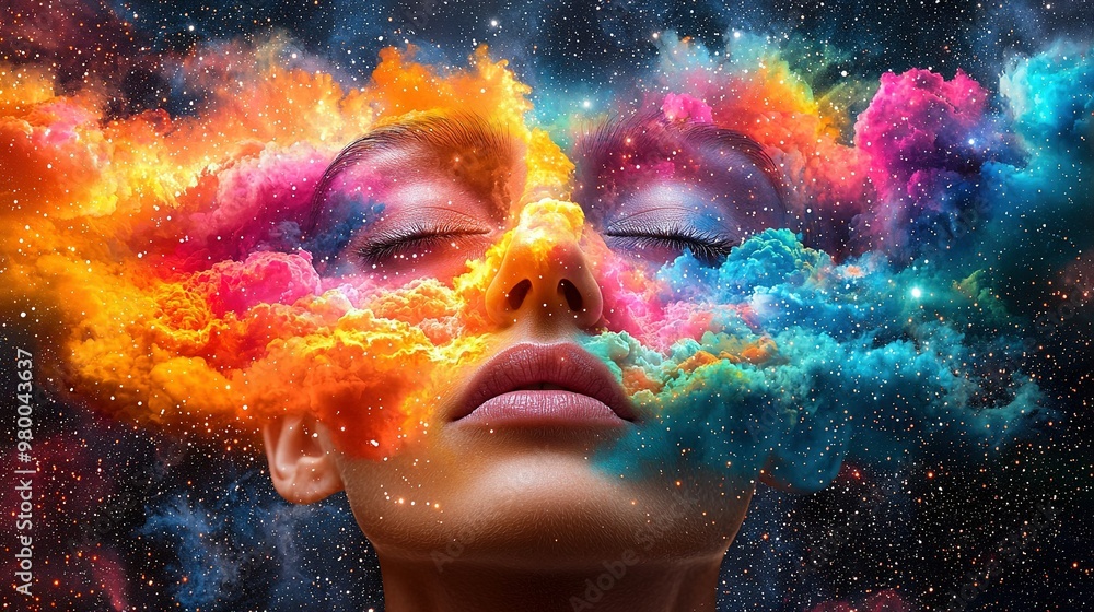 Woman with colorful smoke from eyes, empty background Woman with colorful smoke from eyes, empty background