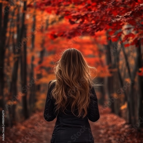 Woman Stands in a Peaceful Autumn Forest with Golden Leaves