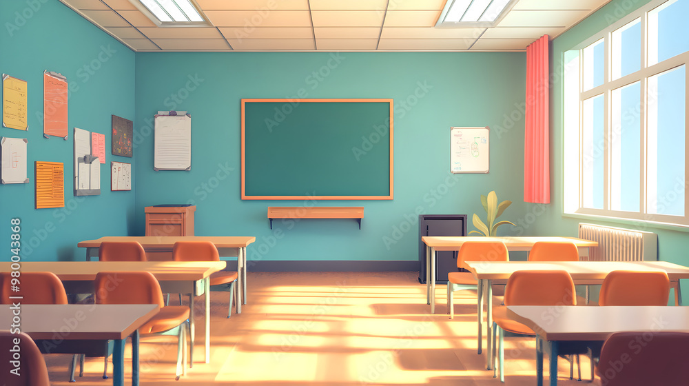 Simple classroom with desks and a whiteboard.
Simple classroom with desks and a whiteboard.