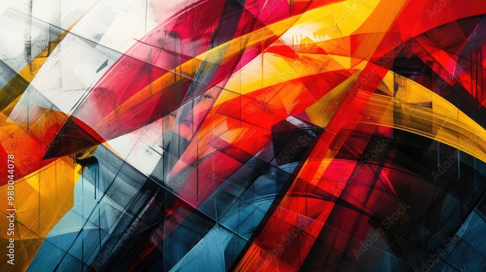 Fototapeta premium Vibrant and dynamic geometric abstract composition featuring intersecting lines triangles and polygons in a vivid color palette The digital artwork creates a sense of depth energy