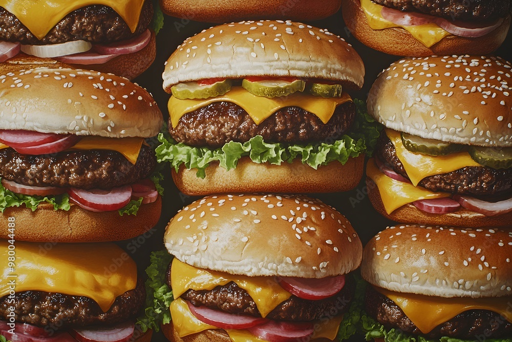 A delicious array of classic cheeseburgers in a row. An ode to the iconic fast food staple. A delicious array of classic cheeseburgers in a row. An ode to the iconic fast food staple.