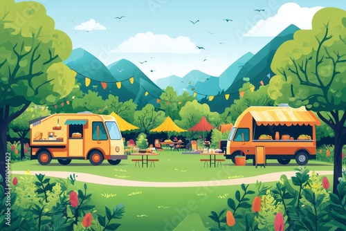 Two Food Trucks Parked in a Mountainous Meadow photo