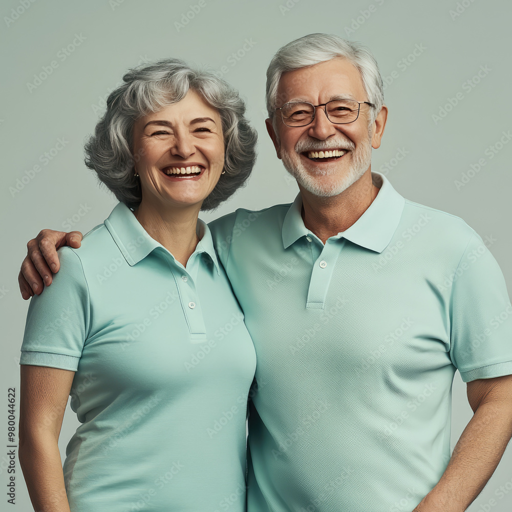 older couple wearing the same color green shirts in front of green background older couple wearing the same color green shirts in front of green background