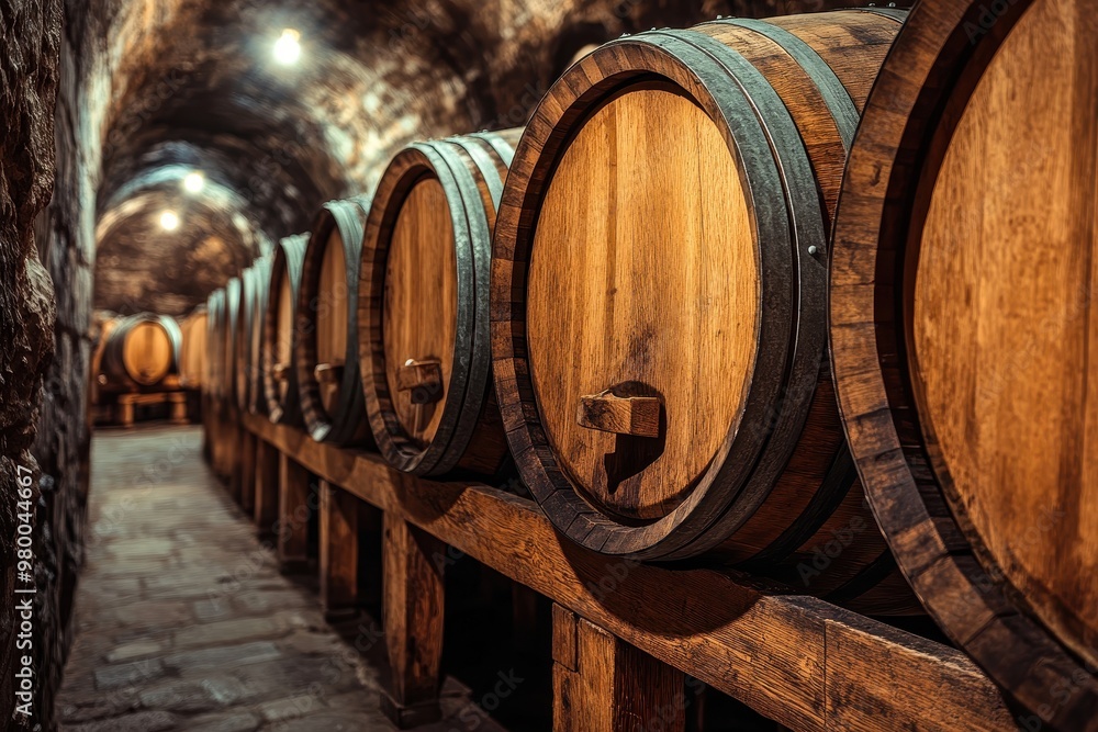 Cellar barrels for wine or cognac perspective wooden casks vintage oak for craft beer or brandy Cellar barrels for wine or cognac perspective wooden casks vintage oak for craft beer or brandy
