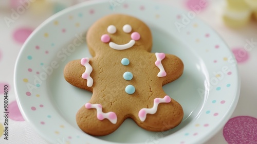 Smiling Gingerbread Man on Pastel Plate