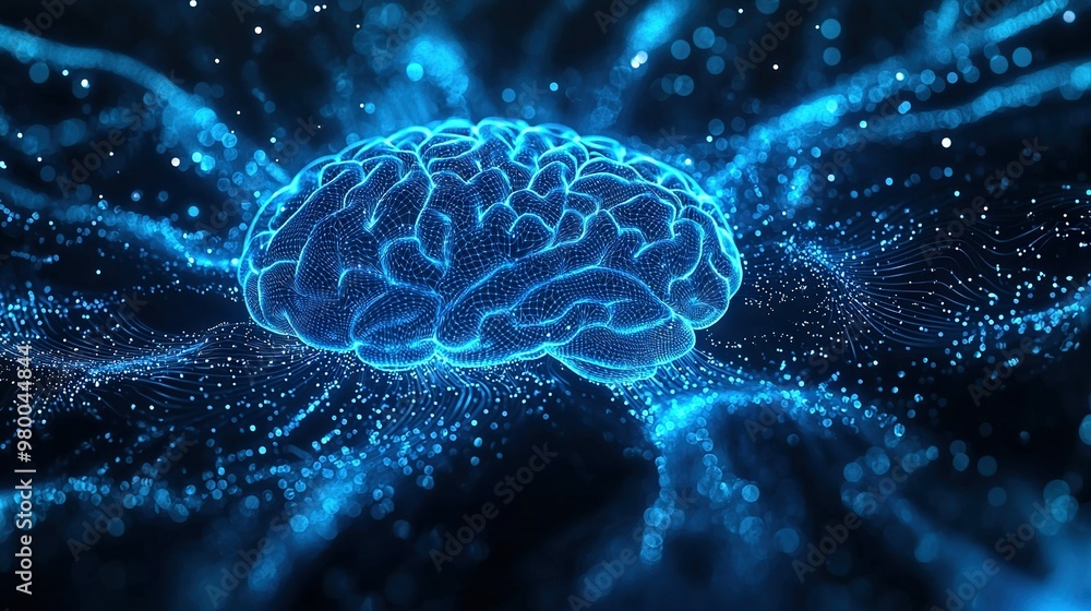 A blue-centered image of a computer-generated brain with surrounding lines and dots A blue-centered image of a computer-generated brain with surrounding lines and dots