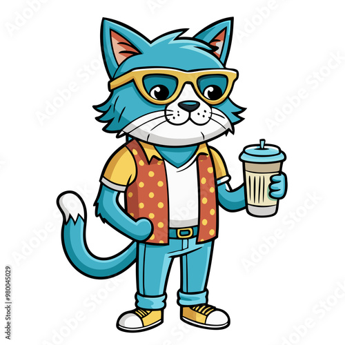 Cool cat wearing sunglasses with a cup of coffee sketch. 