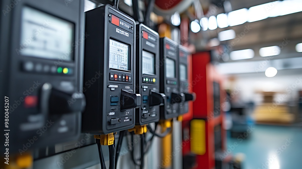 Electrical panels with switches and meters distributing power throughout the factory, ensuring efficient energy flow. Electrical panels with switches and meters distributing power throughout the factory, ensuring efficient energy flow.