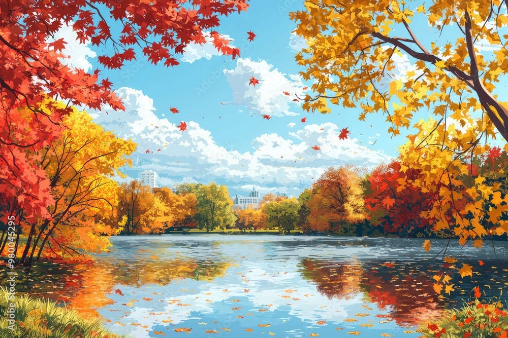 Autumnal Lake Scene with Vibrant Trees and Cityscape in the Distance Autumnal Lake Scene with Vibrant Trees and Cityscape in the Distance