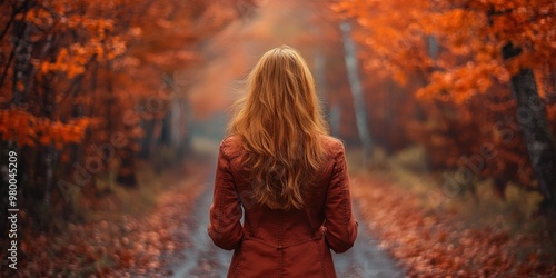 Woman Stands in a Peaceful Autumn Forest with Golden Leaves