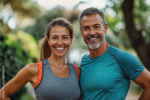 Cheerful middle aged couple in athletic attire prepared for outdoor exercise