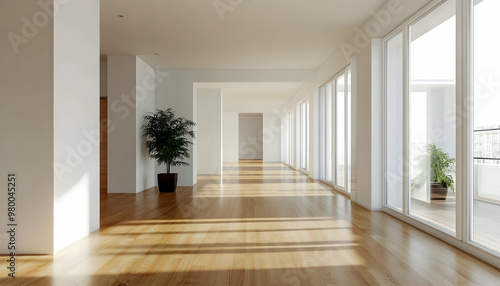 Bright and empty room with wooden floor and white walls 