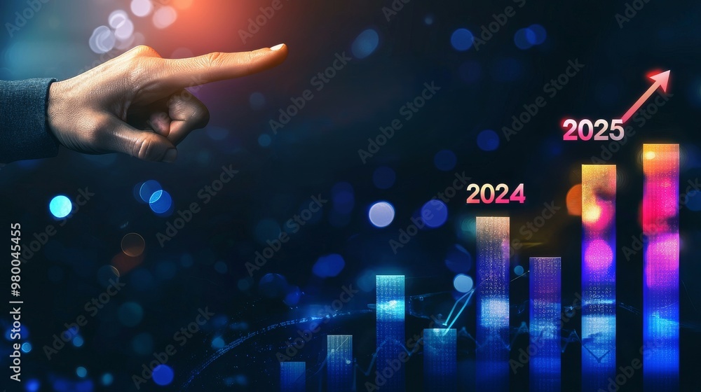 A hand pointing at a rising graph with future projections. Ideal for finance, growth, and business success imagery. A hand pointing at a rising graph with future projections. Ideal for finance, growth, and business success imagery.