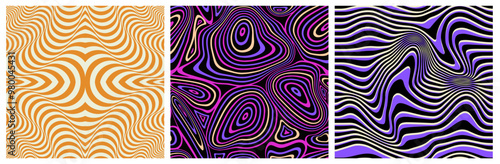 Set of wavy seamless patterns. Repeating psychedelic trippy ornaments with optical illusion effect. Flowing Swirl Backgrounds. Abstract vector illustration collection isolated on white background