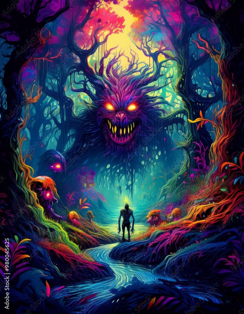 Fototapeta premium A scary forest with a monster lurking in the woods alone