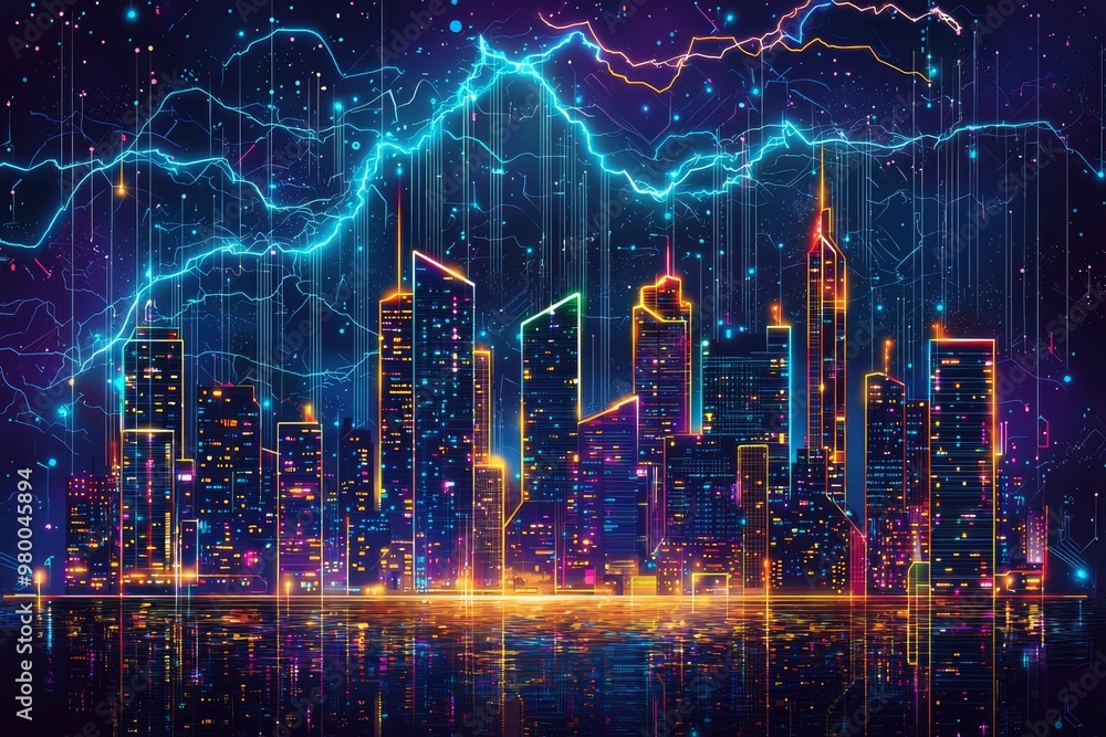 Fototapeta premium Neon Cityscape with Lightning and Water Reflection