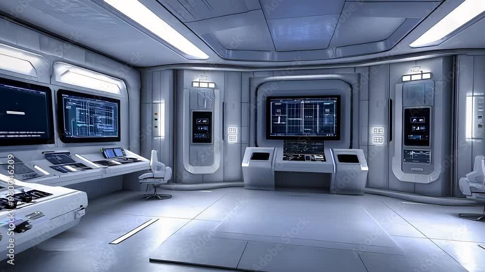 Minimalist futuristic control room with clean white surfaces, advanced technology, digital systems, and data displays in a sleek high-tech environment Minimalist futuristic control room with clean white surfaces, advanced technology, digital systems, and data displays in a sleek high-tech environment