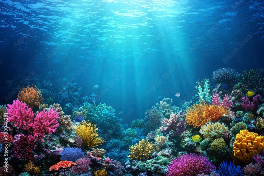Naklejka premium Underwater Scene with Colorful Coral Reef and Sunlight