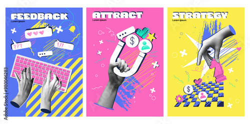 Set of posters in halftone style. Modern art collage related to marketing and promotion in social networks. Strategy for attracting audience. Vector illustration collection isolated on background