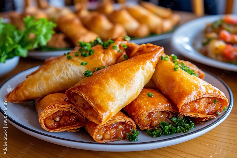 A close-up of a plate of kibinai, a traditional Karaim pastry, served at a cozy restaurant in Trakai A close-up of a plate of kibinai, a traditional Karaim pastry, served at a cozy restaurant in Trakai