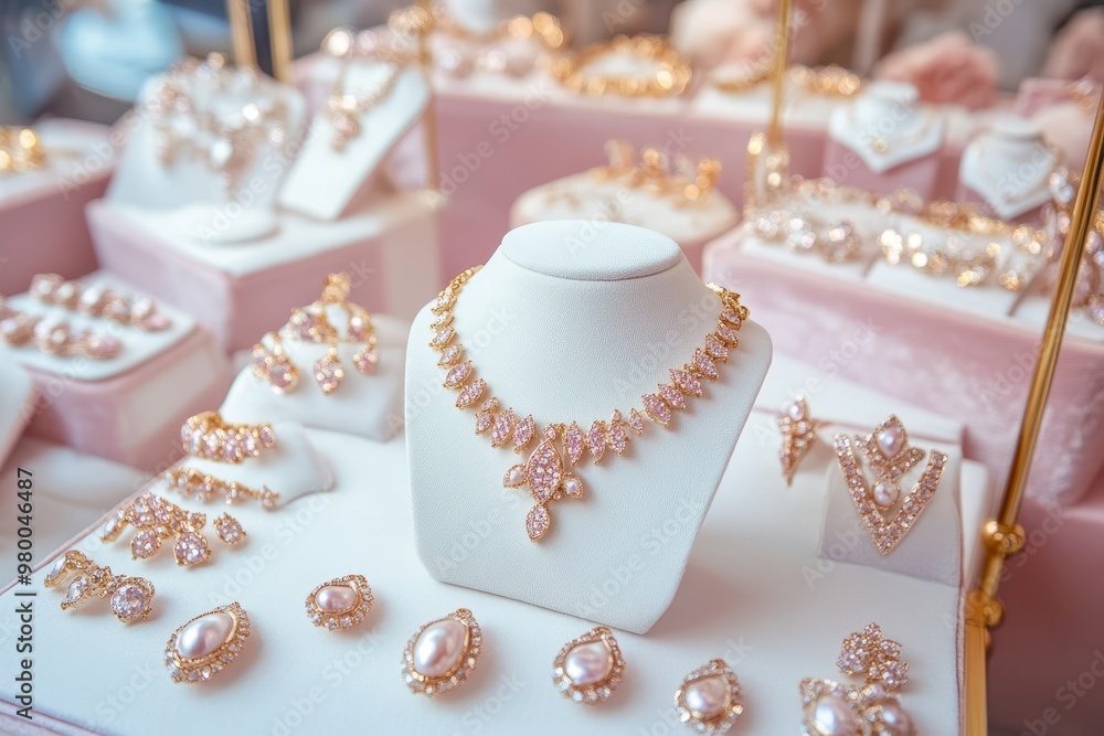 Chic jewelry arrangement on pink fabric with mother of pearl accents Premium image Chic jewelry arrangement on pink fabric with mother of pearl accents Premium image
