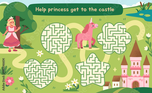 Fairytale maze for kids. Help princess go through labyrinth and get to unicorn and castle. Educational and entertaining activities for preschoolers. Magic Worksheet. Flat vector illustration