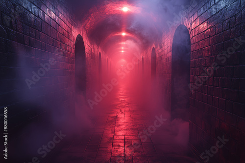 A modern twist on a haunted maze, using laser lights and smoke to create an eerie, disorienting experience. Concept of tech-driven Halloween events. photo