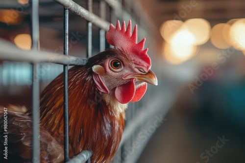 Chickens lay eggs one peered from its cage to feed raised on a farm with selective focus and blurred backdrop