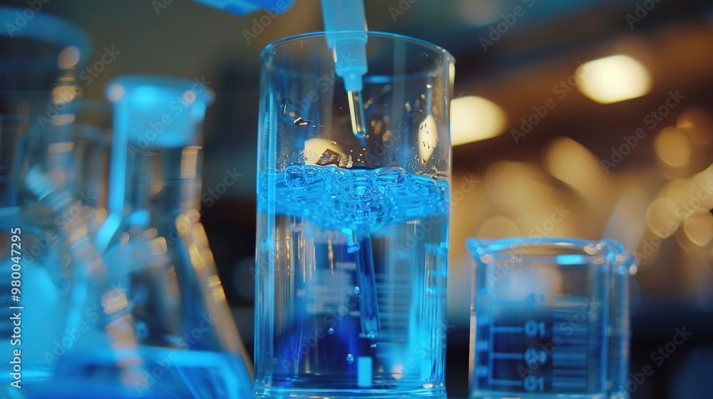 A glass of blue liquid with a toothbrush protruding from the top A glass of blue liquid with a toothbrush protruding from the top