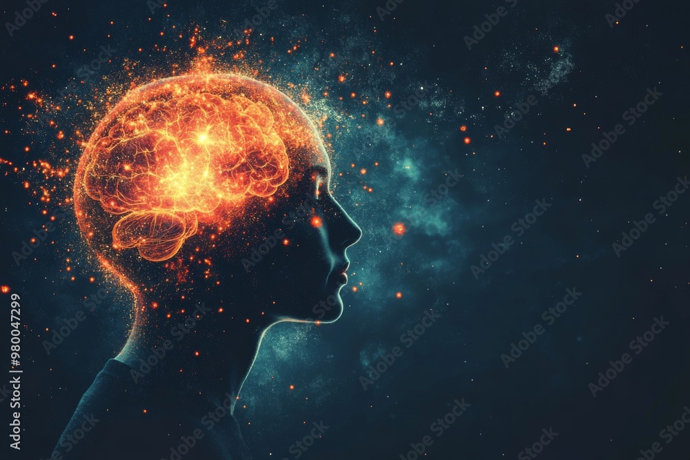 Silhouette of a woman with a glowing neural brain symbolizing intelligence cognitive power and the connection between mind and consciousness in a dark abstract setting