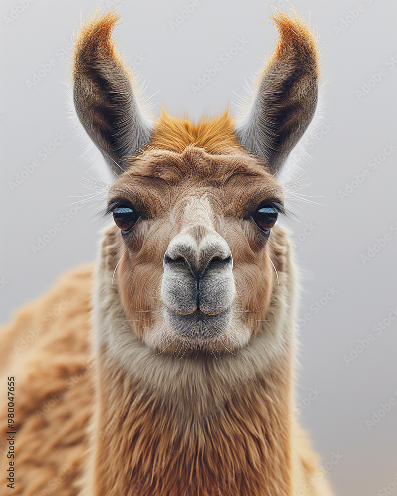 Fototapeta premium Brown furry alpaca with distinctive ears and soft fur, outdoor wildlife portrait in natural habitat