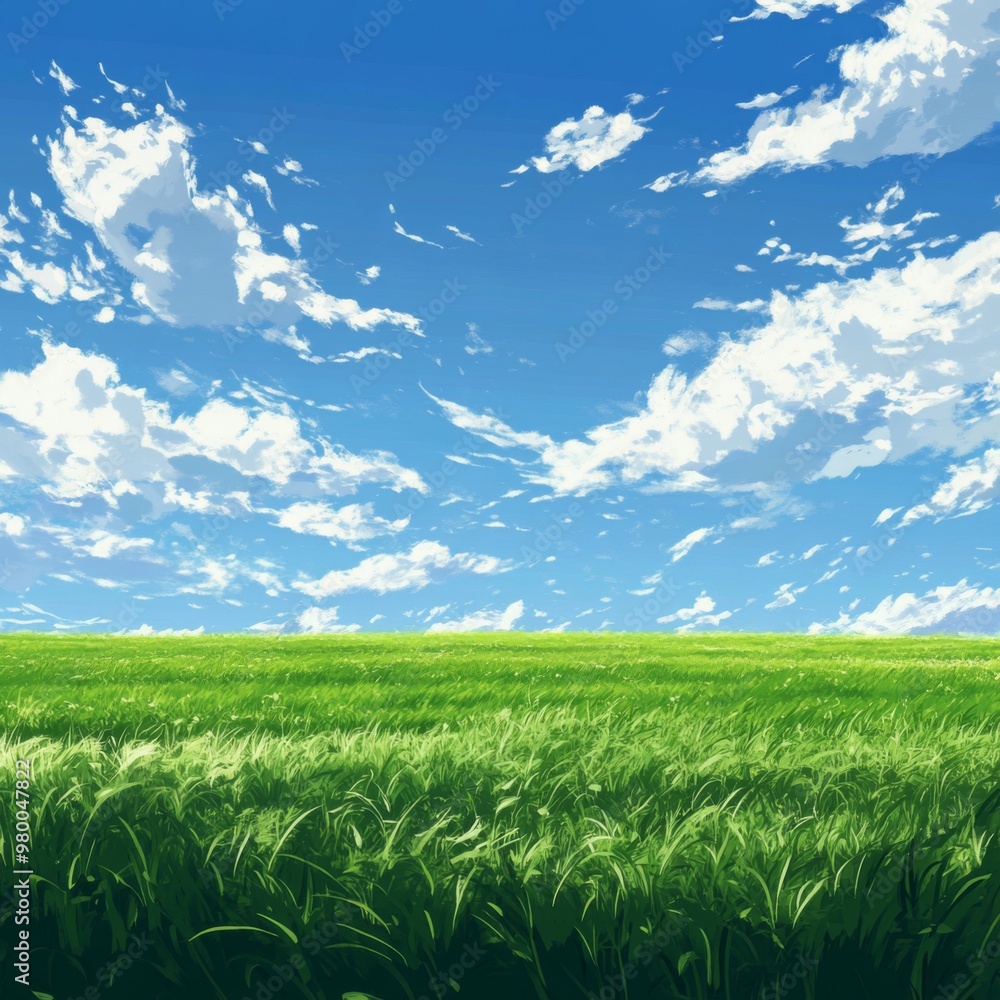 Obraz premium Anime Background of a Green Field Under a Day Sky with Clouds