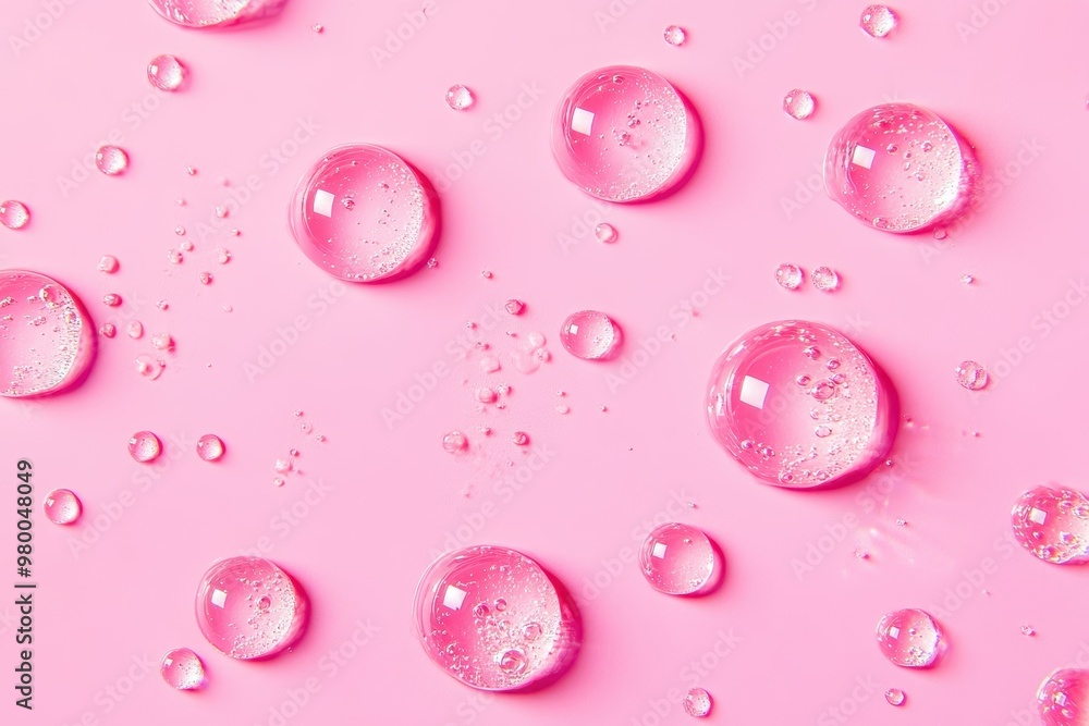 Circular droplets of clear gel serum on a pink backdrop Circular droplets of clear gel serum on a pink backdrop