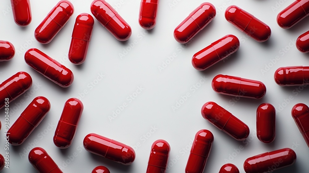 A cluster of scarlet tablets resting beside a steaming cup and a mobile device A cluster of scarlet tablets resting beside a steaming cup and a mobile device