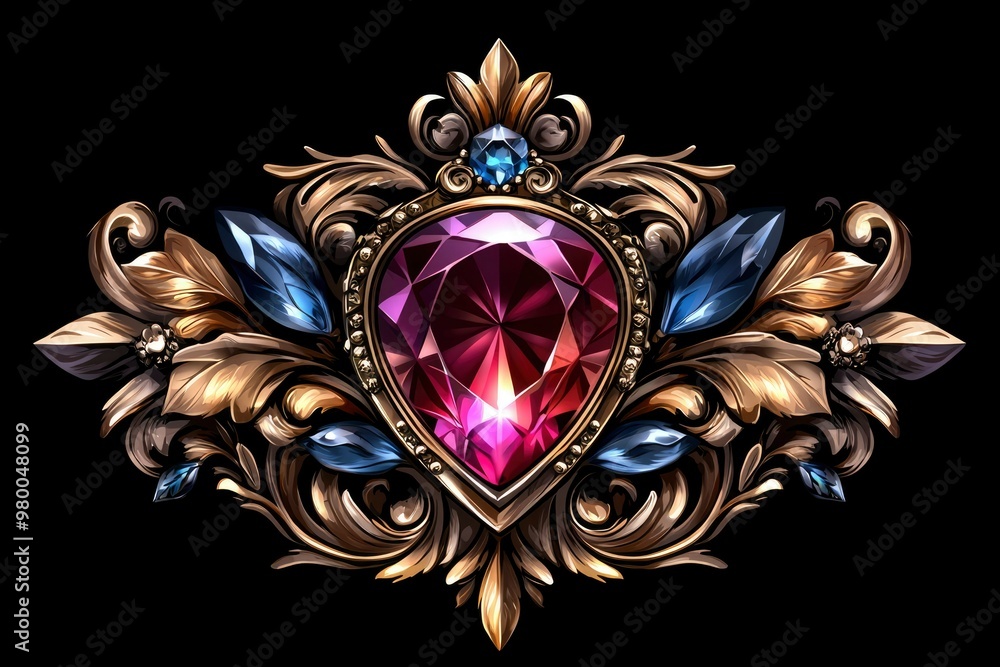 Ornate Gold Frame with a Large Ruby and Blue Gemstones Ornate Gold Frame with a Large Ruby and Blue Gemstones