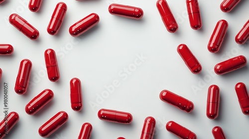  A cluster of red capsules arranged on a white platter beside a mug of coffee and a smartphone