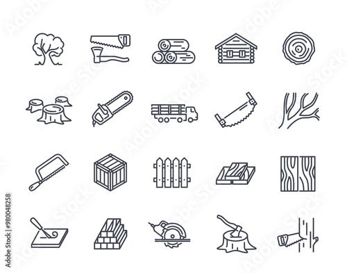 Set of wood related line icons. Simple symbols with tree, logs, planks, axe and saw. Editable stroke. Design element for app. Outline vector illustration collection isolated on white background