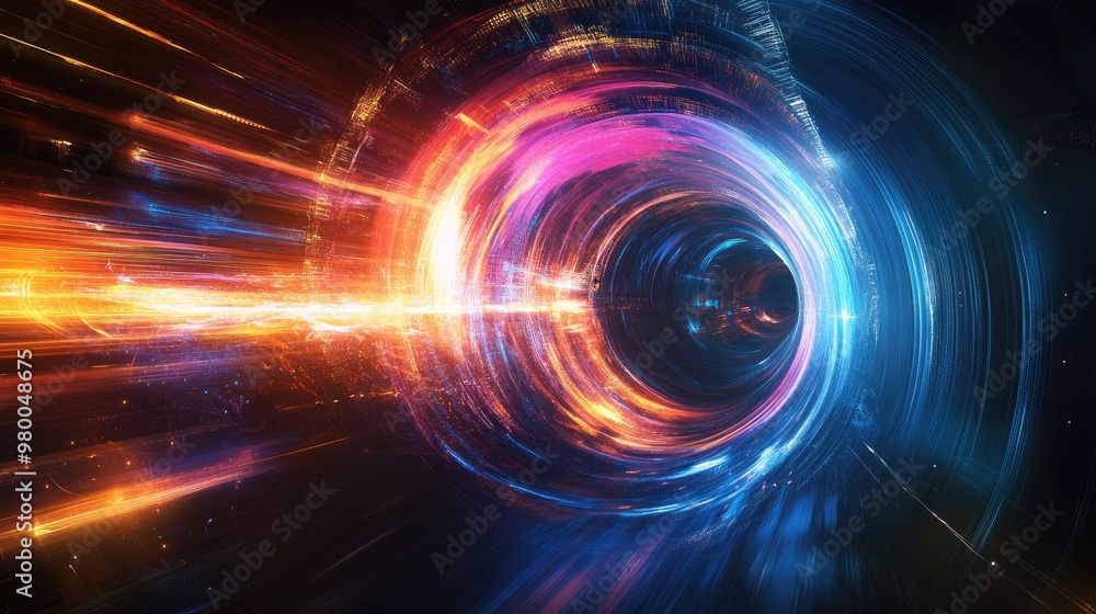 Bright neon lights in blue, orange, pink, and yellow swirl through an abstract futuristic technology background, illuminating a sleek dark canvas Bright neon lights in blue, orange, pink, and yellow swirl through an abstract futuristic technology background, illuminating a sleek dark canvas