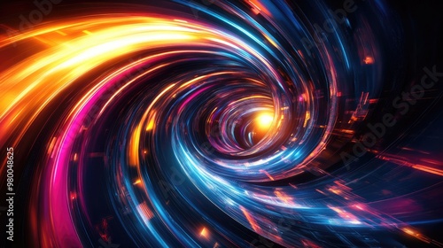 Bright neon lights in blue, orange, pink, and yellow swirl through an abstract futuristic technology background, illuminating a sleek dark canvas