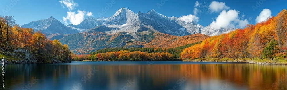 Majestic Autumn Mountain Landscape with Vibrant Foliage and Serene Lake Majestic Autumn Mountain Landscape with Vibrant Foliage and Serene Lake