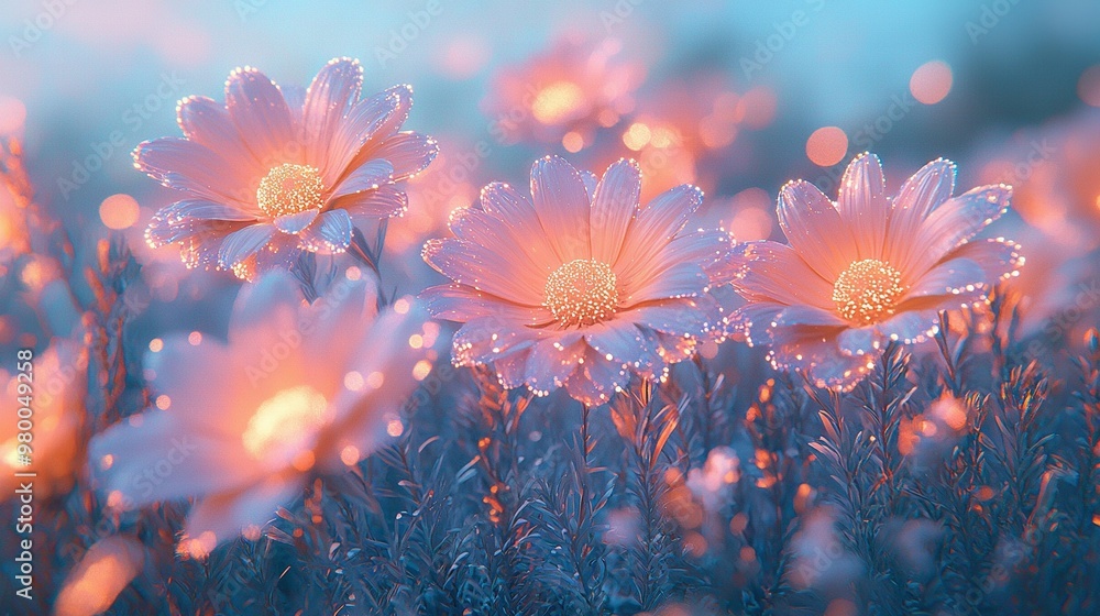 A zoom-in on a bouquet of blossoms adorned with dewdrops, set against a backdrop of azure heavens A zoom-in on a bouquet of blossoms adorned with dewdrops, set against a backdrop of azure heavens