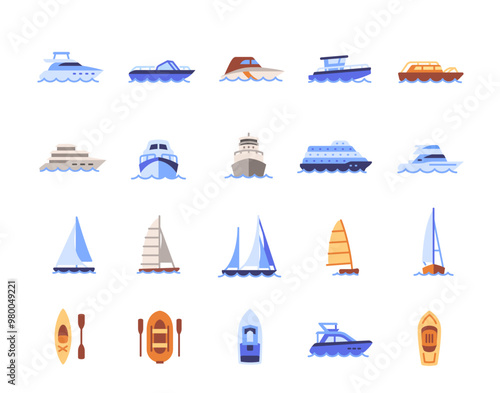 Ships icons set. Colorful signs with yacht, cruise liner, motor boat, sailboat and kayak. Design elements for app and website. Flat vector illustration collection isolated on white background