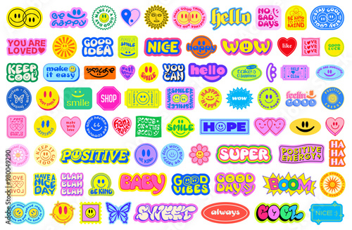 Cool Y2k Stickers Vector Elements Set. Collection Of Funny Pop Art Patches. Groovy Graphics. Cute 2000s Badges.