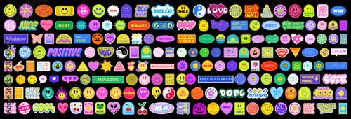 Cool Y2k Stickers Vector Elements Set. Collection Of Funny Pop Art Patches. Groovy Graphics. Cute 2000s Badges.