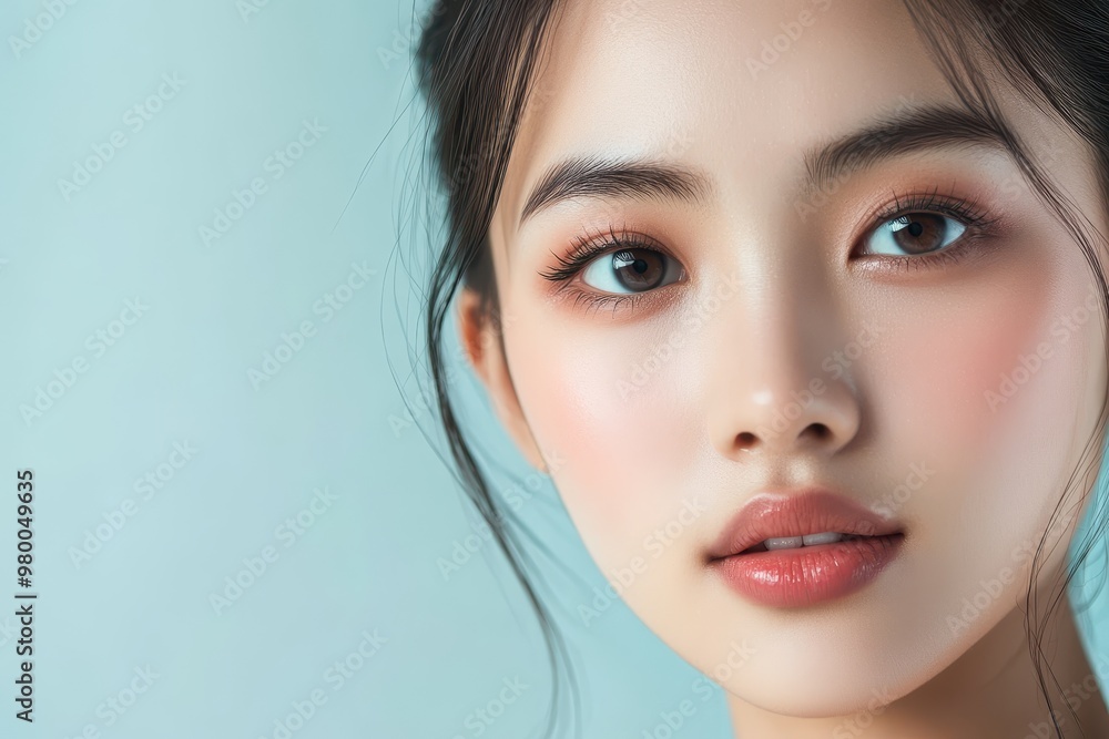 Fototapeta premium Close up of a young Asian woman showcasing K beauty makeup and flawless skin against a light blue backdrop for a skincare advertisement