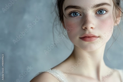 Close up of a young ballerina s expressive face featuring a captivating gaze with quiet confidence against a textured backdrop Space available for text photo