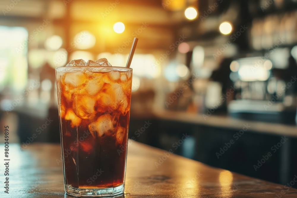 Close up of cold Americano with a coffee shop backdrop Close up of cold Americano with a coffee shop backdrop