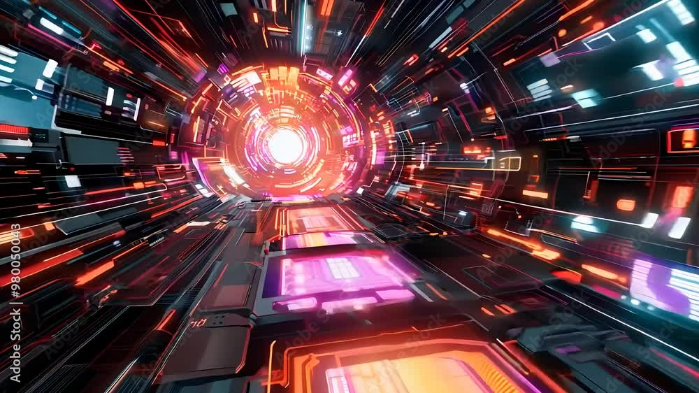 High-speed futuristic tunnel with glowing circuits representing digital technology and virtual data transmission High-speed futuristic tunnel with glowing circuits representing digital technology and virtual data transmission